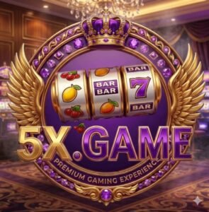 5x Game app interface showing online casino games, bonus offers, and download option